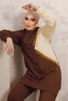 Tesettür giyim KAHVE YAPRAK DESENLİ RENK BLOKLU PANTOLONLU TAKIM T 6403