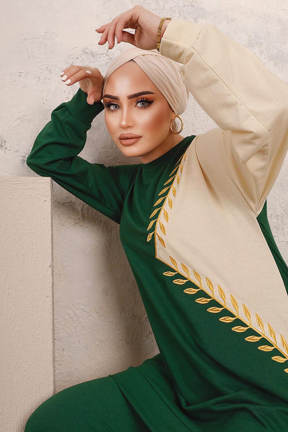 Tesettür giyim YEŞİL YAPRAK DESENLİ RENK BLOKLU PANTOLONLU TAKIM T 6403