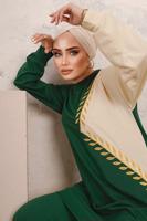 Tesettür giyim YEŞİL YAPRAK DESENLİ RENK BLOKLU PANTOLONLU TAKIM T 6403