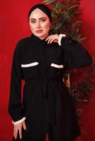Tesettür giyim SİYAH PÜSKÜL DETAYLI KUŞAKLI PANTOLONLU TAKIM T 6492