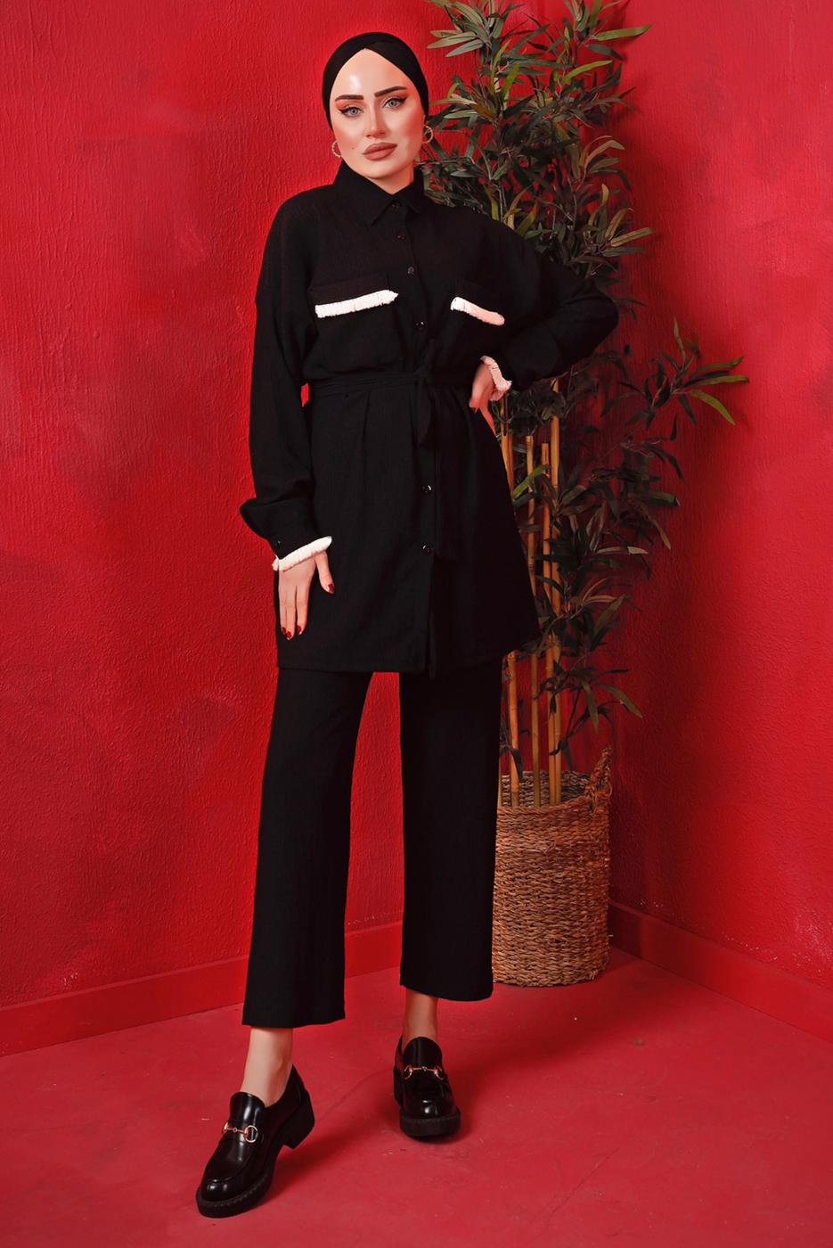 Tesettür giyim SİYAH PÜSKÜL DETAYLI KUŞAKLI PANTOLONLU TAKIM T 6492