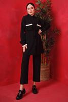 Tesettür giyim SİYAH PÜSKÜL DETAYLI KUŞAKLI PANTOLONLU TAKIM T 6492