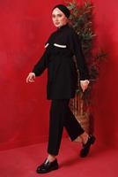 Tesettür giyim SİYAH PÜSKÜL DETAYLI KUŞAKLI PANTOLONLU TAKIM T 6492