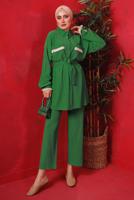 Tesettür giyim YEŞİL PÜSKÜL DETAYLI KUŞAKLI PANTOLONLU TAKIM T 6492