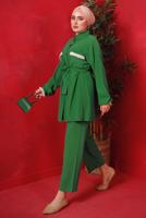 Tesettür giyim YEŞİL PÜSKÜL DETAYLI KUŞAKLI PANTOLONLU TAKIM T 6492