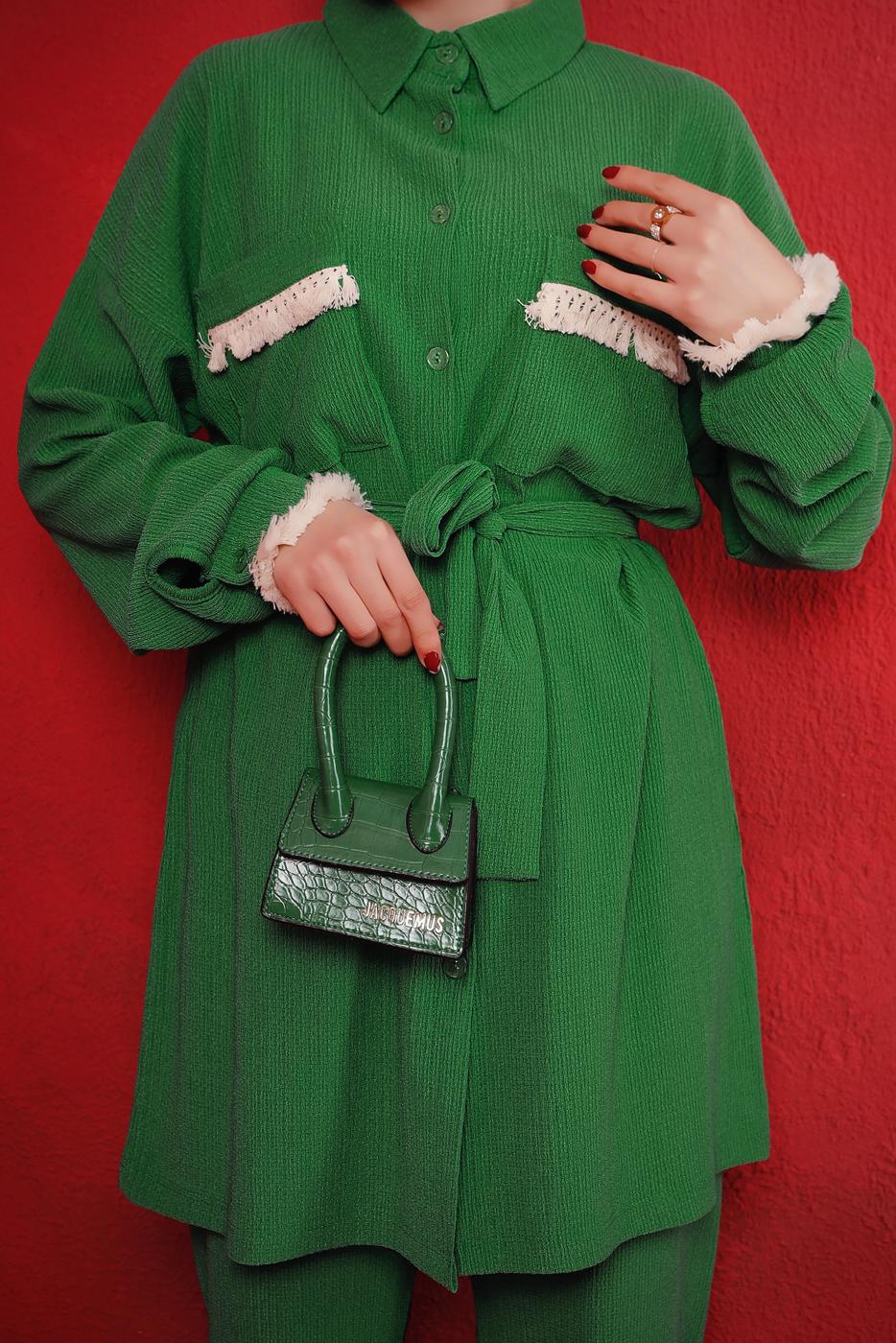 Tesettür giyim YEŞİL PÜSKÜL DETAYLI KUŞAKLI PANTOLONLU TAKIM T 6492