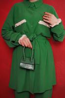 Tesettür giyim YEŞİL PÜSKÜL DETAYLI KUŞAKLI PANTOLONLU TAKIM T 6492