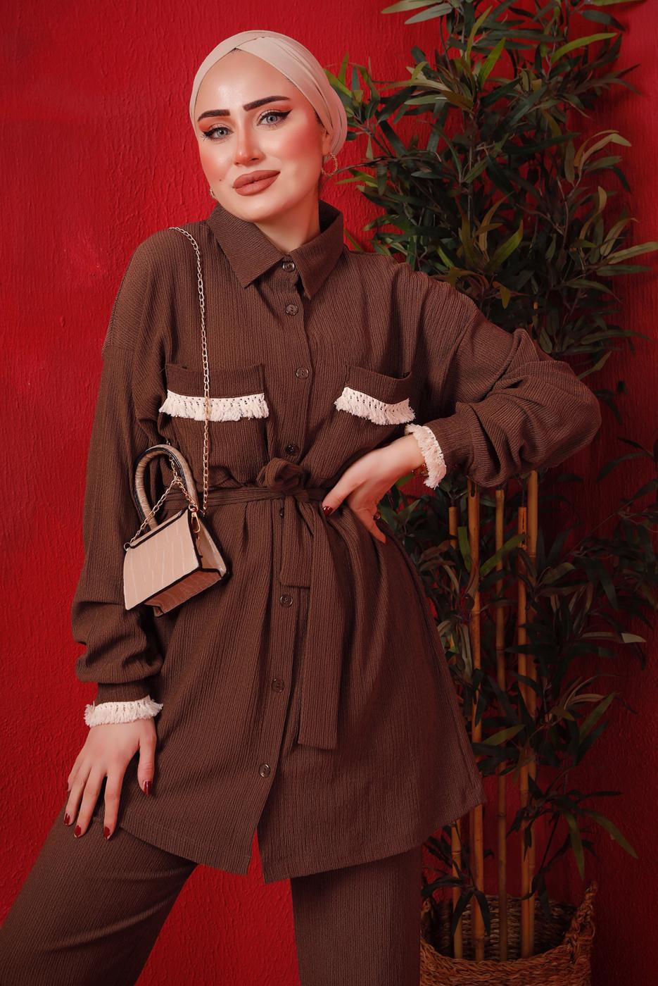 Tesettür giyim KAHVE PÜSKÜL DETAYLI KUŞAKLI PANTOLONLU TAKIM T 6492