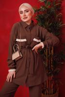 Tesettür giyim KAHVE PÜSKÜL DETAYLI KUŞAKLI PANTOLONLU TAKIM T 6492