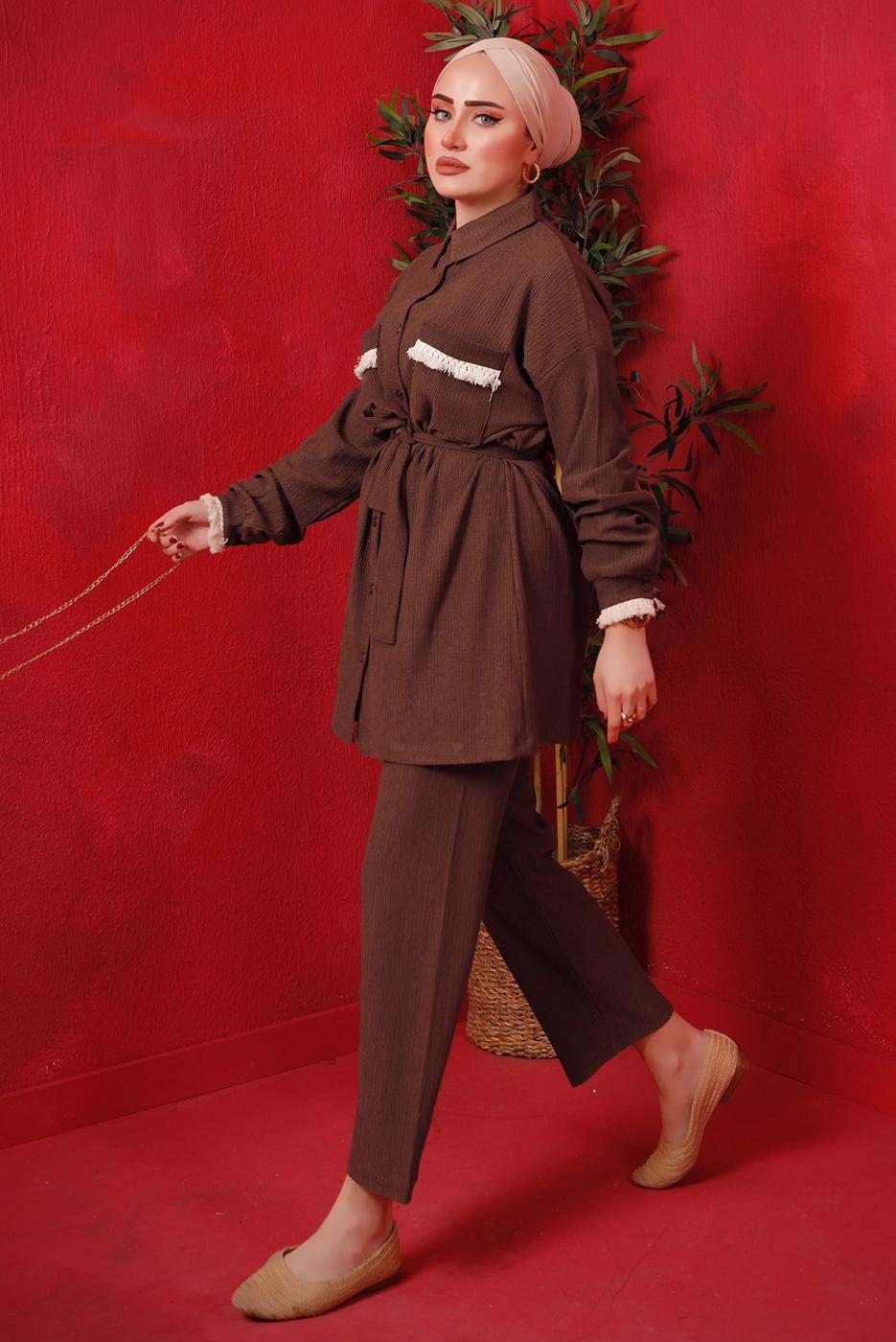 Tesettür giyim KAHVE PÜSKÜL DETAYLI KUŞAKLI PANTOLONLU TAKIM T 6492