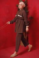 Tesettür giyim KAHVE PÜSKÜL DETAYLI KUŞAKLI PANTOLONLU TAKIM T 6492