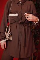 Tesettür giyim KAHVE PÜSKÜL DETAYLI KUŞAKLI PANTOLONLU TAKIM T 6492