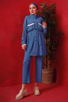 Tesettür giyim LACİVERT PÜSKÜL DETAYLI KUŞAKLI PANTOLONLU TAKIM T 6492