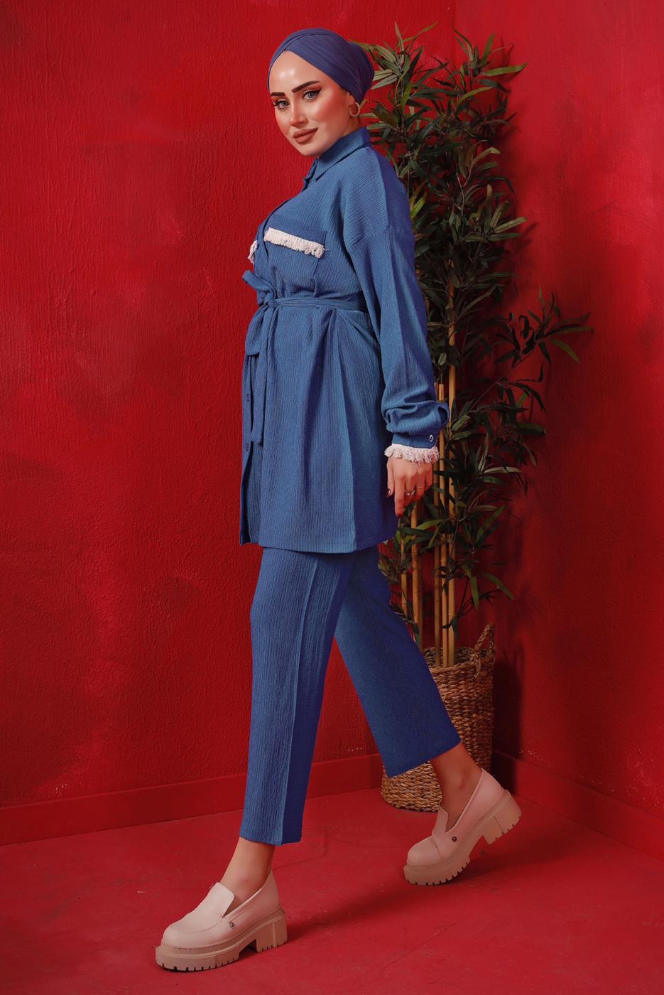 Tesettür giyim LACİVERT PÜSKÜL DETAYLI KUŞAKLI PANTOLONLU TAKIM T 6492