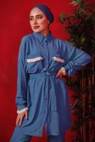 Tesettür giyim LACİVERT PÜSKÜL DETAYLI KUŞAKLI PANTOLONLU TAKIM T 6492