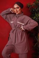 Tesettür giyim PEMBE PÜSKÜL DETAYLI KUŞAKLI PANTOLONLU TAKIM T 6492