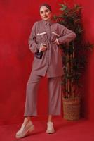 Tesettür giyim PEMBE PÜSKÜL DETAYLI KUŞAKLI PANTOLONLU TAKIM T 6492