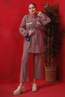 Tesettür giyim PEMBE PÜSKÜL DETAYLI KUŞAKLI PANTOLONLU TAKIM T 6492