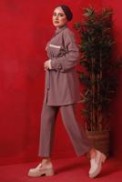 Tesettür giyim PEMBE PÜSKÜL DETAYLI KUŞAKLI PANTOLONLU TAKIM T 6492