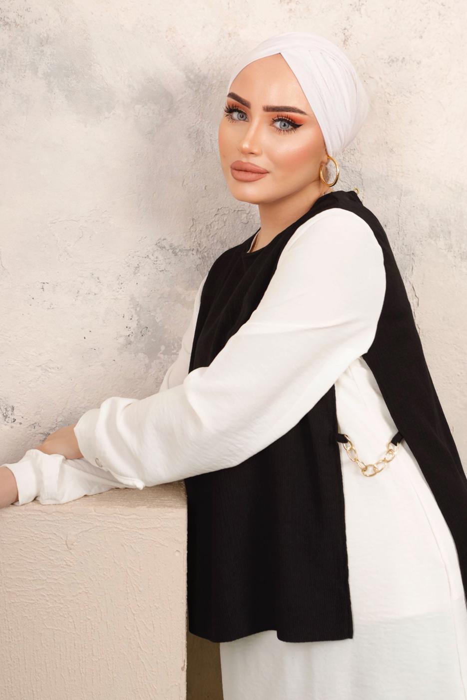 Tesettür giyim SİYAH ZİNCİR DETAYLI KIRIŞIK DOKUMA PANTOLONLU TAKIM T 6603