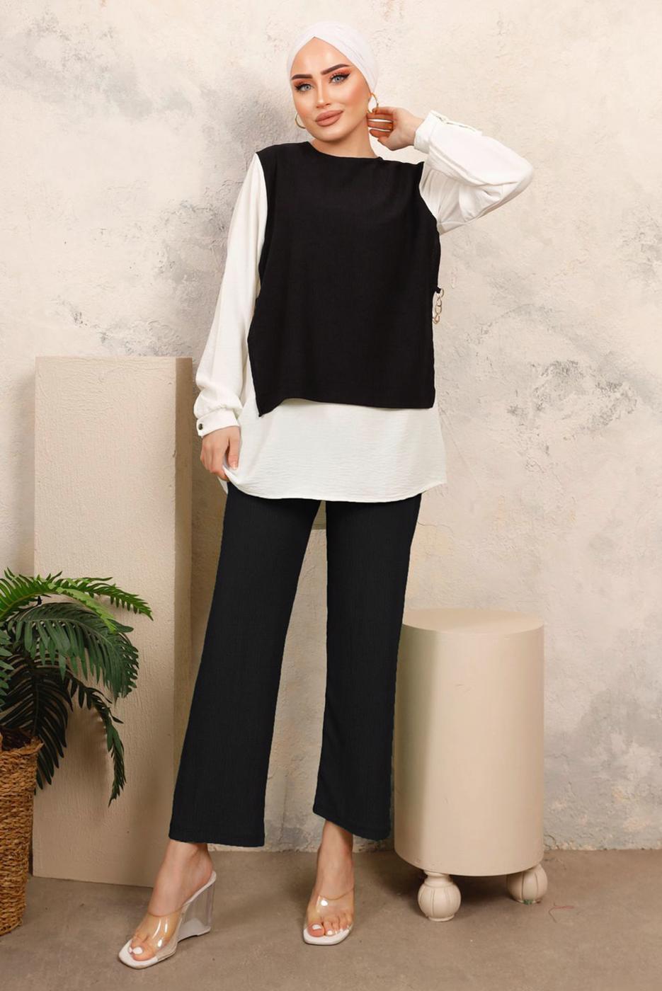 Tesettür giyim SİYAH ZİNCİR DETAYLI KIRIŞIK DOKUMA PANTOLONLU TAKIM T 6603