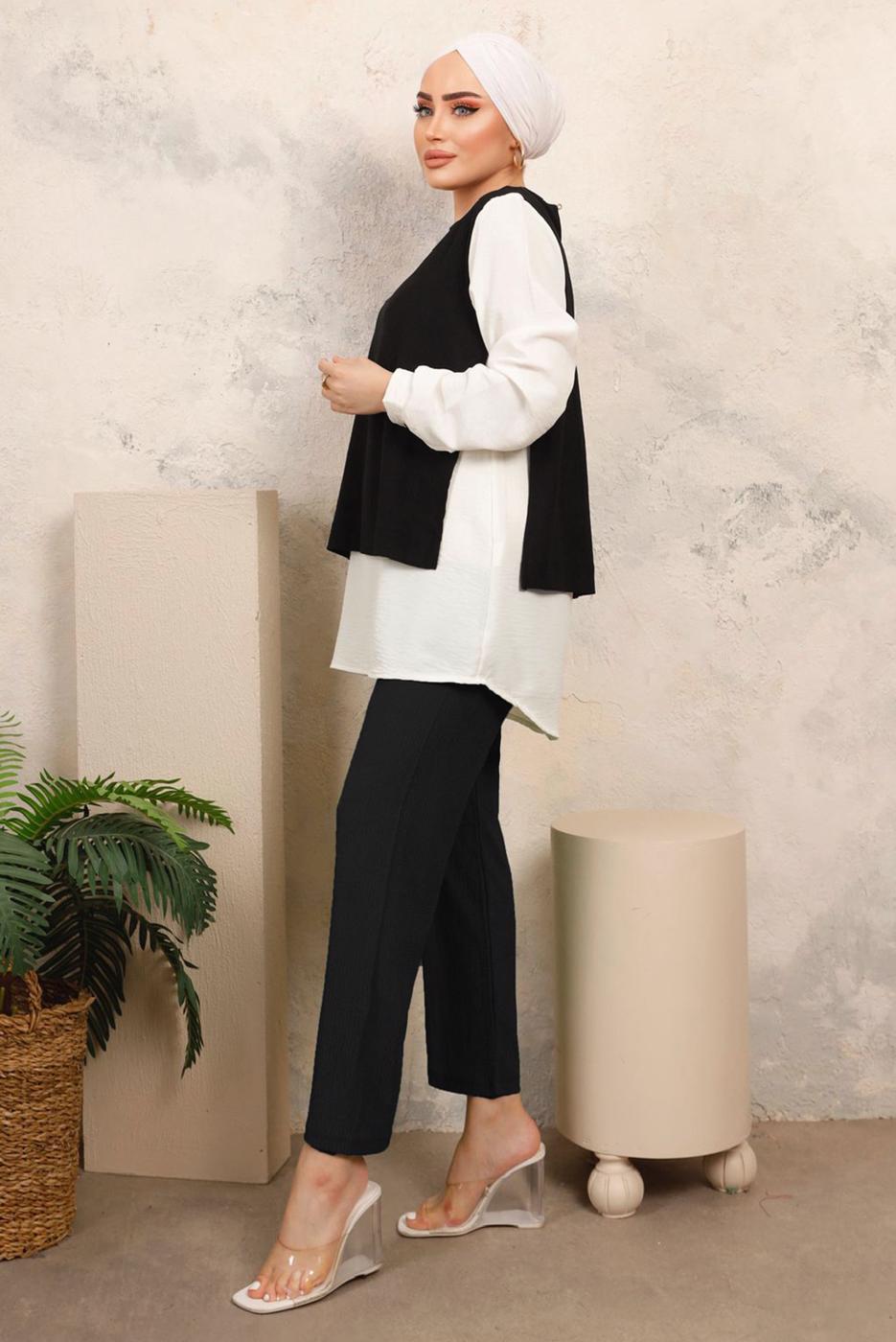 Tesettür giyim SİYAH ZİNCİR DETAYLI KIRIŞIK DOKUMA PANTOLONLU TAKIM T 6603