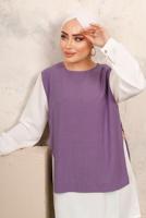 Tesettür giyim MOR ZİNCİR DETAYLI KIRIŞIK DOKUMA PANTOLONLU TAKIM T 6603