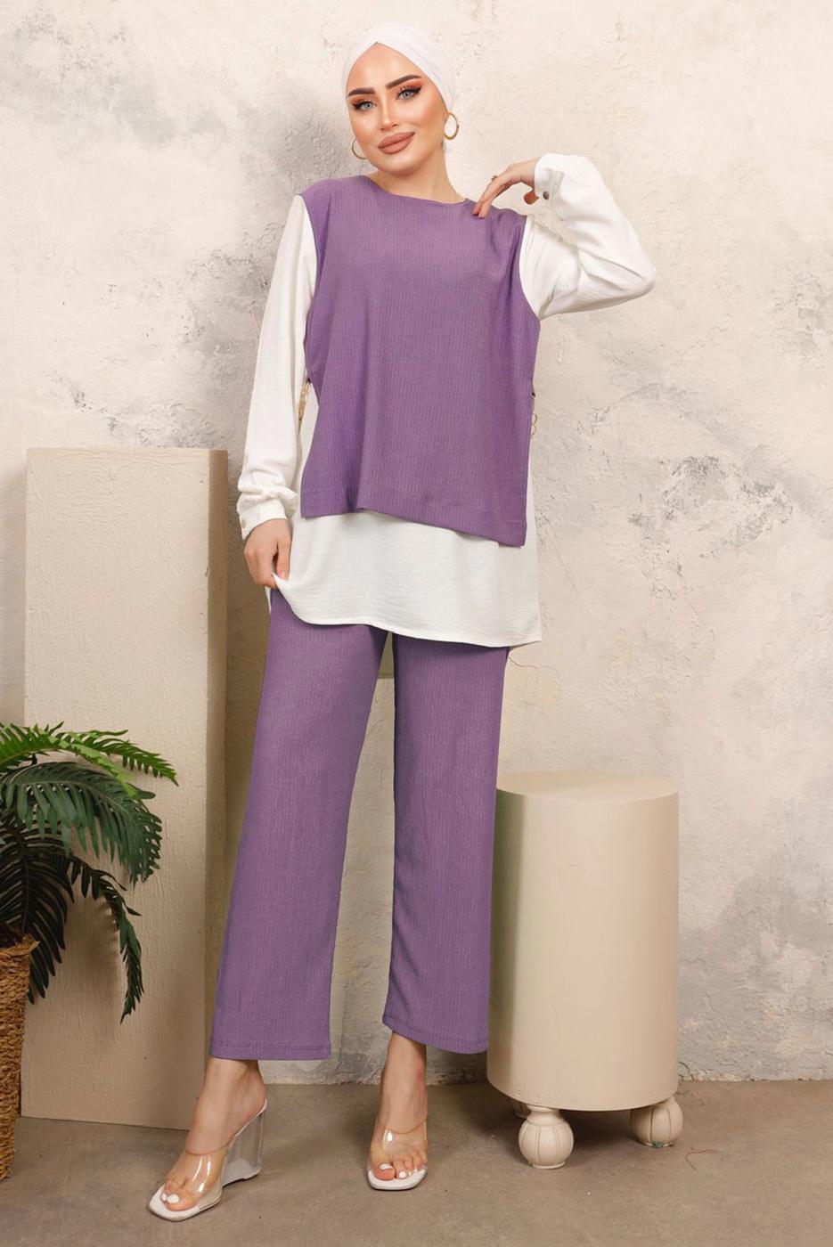 Tesettür giyim MOR ZİNCİR DETAYLI KIRIŞIK DOKUMA PANTOLONLU TAKIM T 6603
