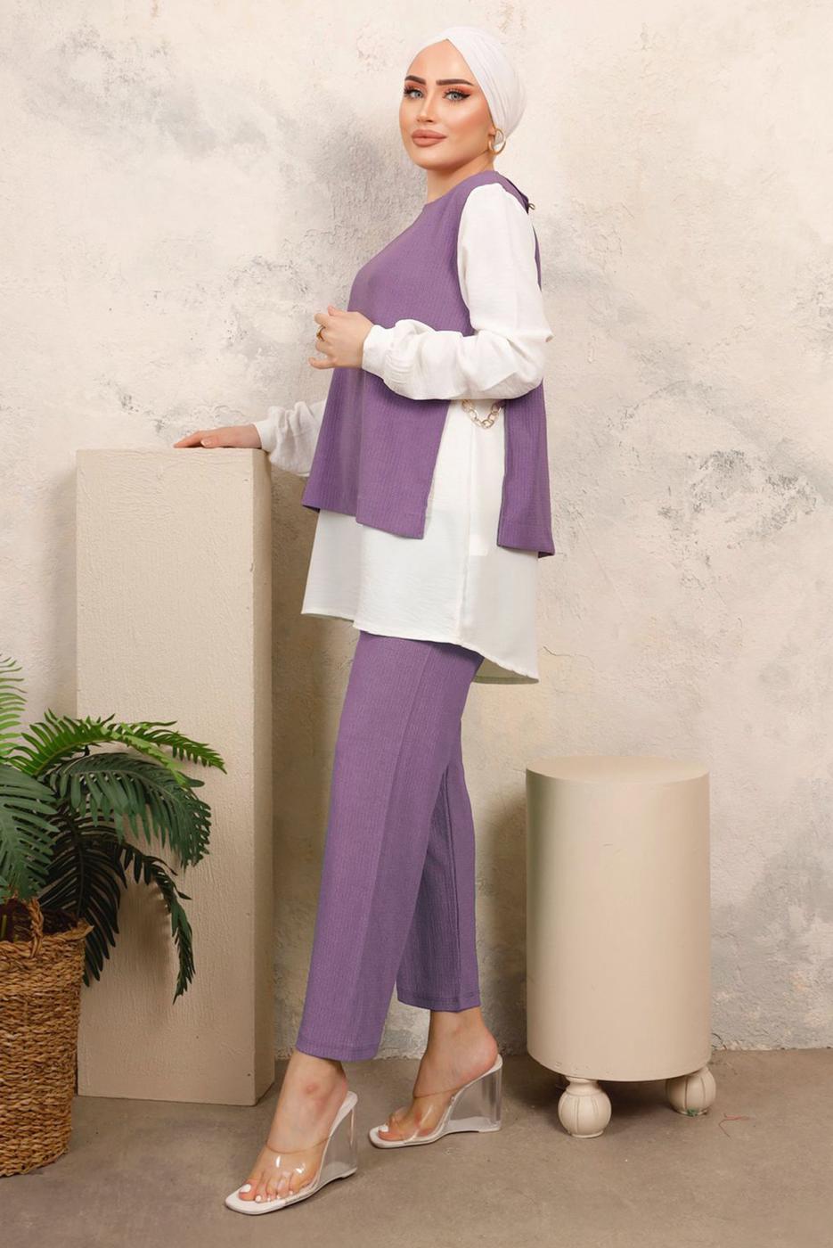 Tesettür giyim MOR ZİNCİR DETAYLI KIRIŞIK DOKUMA PANTOLONLU TAKIM T 6603