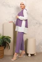 Tesettür giyim MOR ZİNCİR DETAYLI KIRIŞIK DOKUMA PANTOLONLU TAKIM T 6603