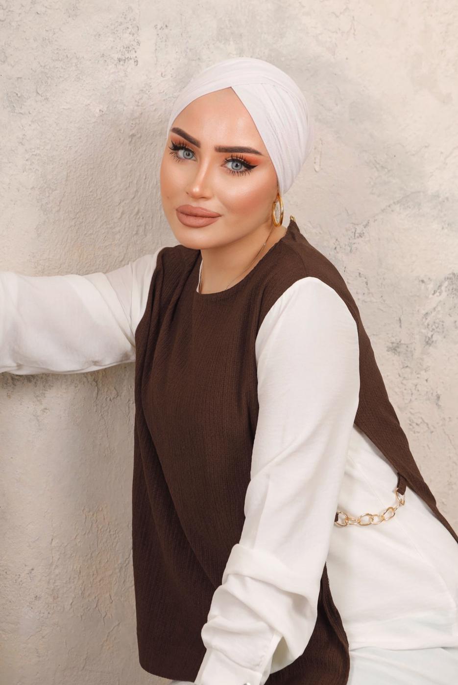 Tesettür giyim KAHVE ZİNCİR DETAYLI KIRIŞIK DOKUMA PANTOLONLU TAKIM T 6603