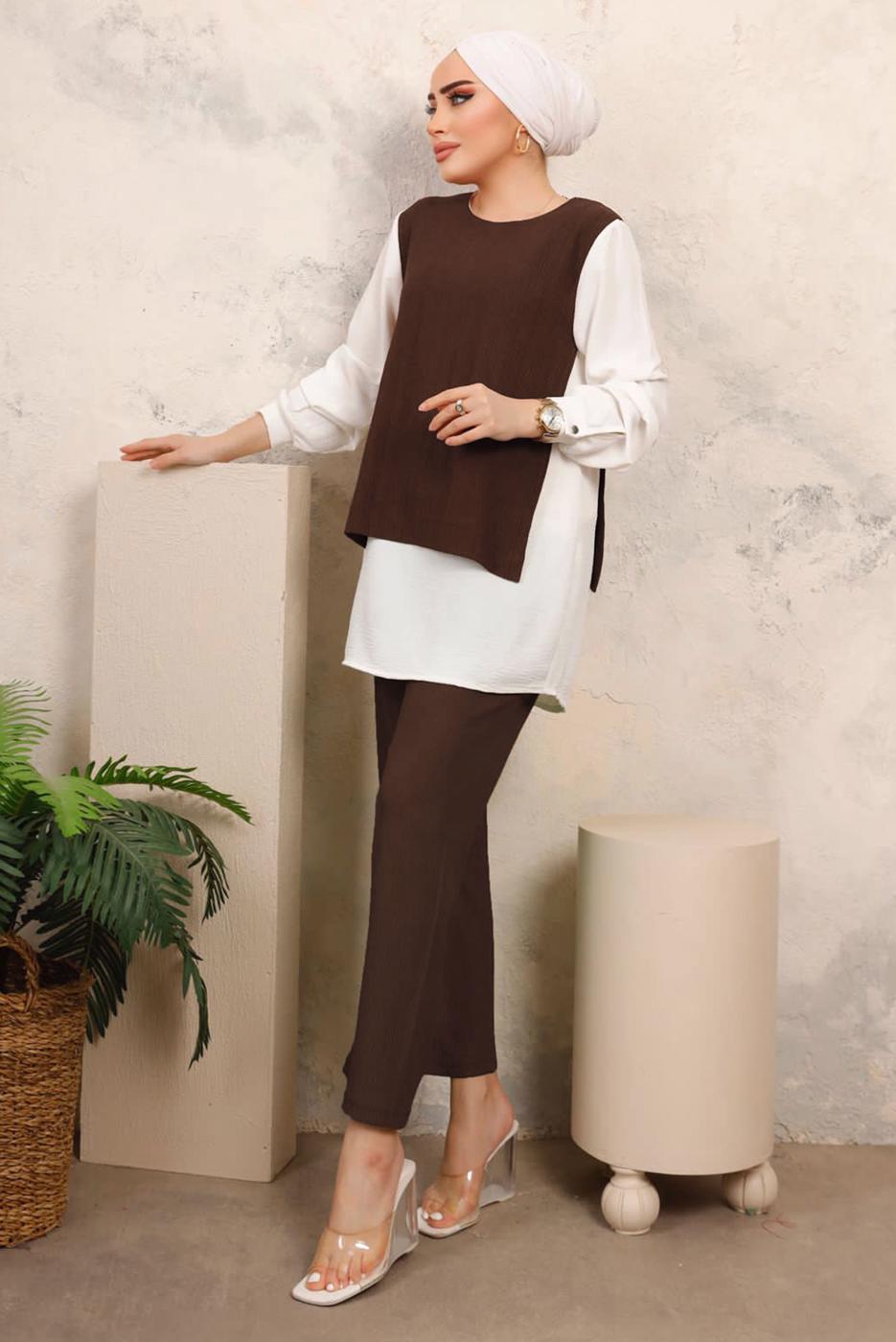Tesettür giyim KAHVE ZİNCİR DETAYLI KIRIŞIK DOKUMA PANTOLONLU TAKIM T 6603