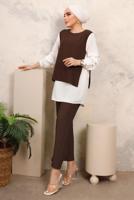 Tesettür giyim KAHVE ZİNCİR DETAYLI KIRIŞIK DOKUMA PANTOLONLU TAKIM T 6603