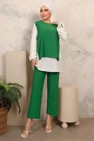 Tesettür giyim YEŞİL ZİNCİR DETAYLI KIRIŞIK DOKUMA PANTOLONLU TAKIM T 6603