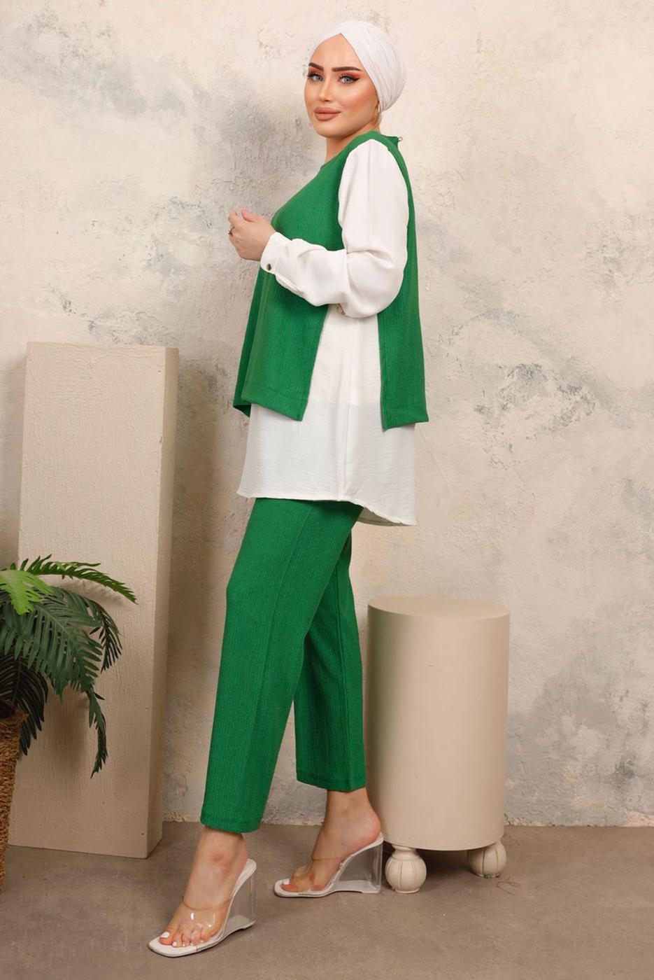 Tesettür giyim YEŞİL ZİNCİR DETAYLI KIRIŞIK DOKUMA PANTOLONLU TAKIM T 6603