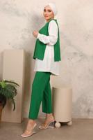 Tesettür giyim YEŞİL ZİNCİR DETAYLI KIRIŞIK DOKUMA PANTOLONLU TAKIM T 6603