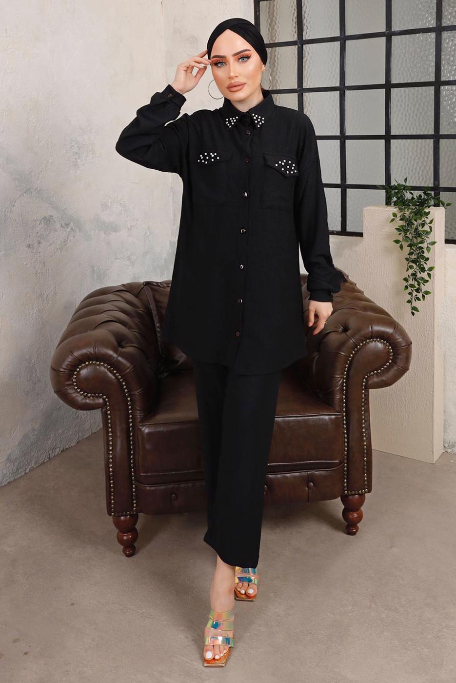 Tesettür giyim SİYAH TAŞ VE BONCUK İŞLEMELİ İKİLİ PANTOLONLU TAKIM T 6703