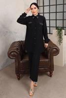 Tesettür giyim SİYAH TAŞ VE BONCUK İŞLEMELİ İKİLİ PANTOLONLU TAKIM T 6703