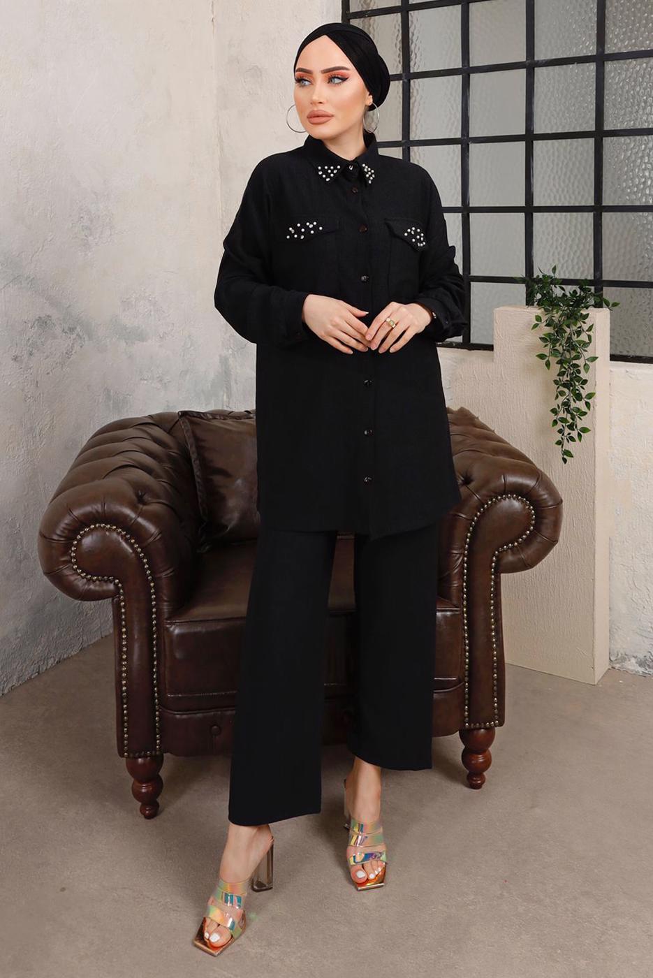 Tesettür giyim SİYAH TAŞ VE BONCUK İŞLEMELİ İKİLİ PANTOLONLU TAKIM T 6703