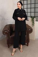 Tesettür giyim SİYAH TAŞ VE BONCUK İŞLEMELİ İKİLİ PANTOLONLU TAKIM T 6703