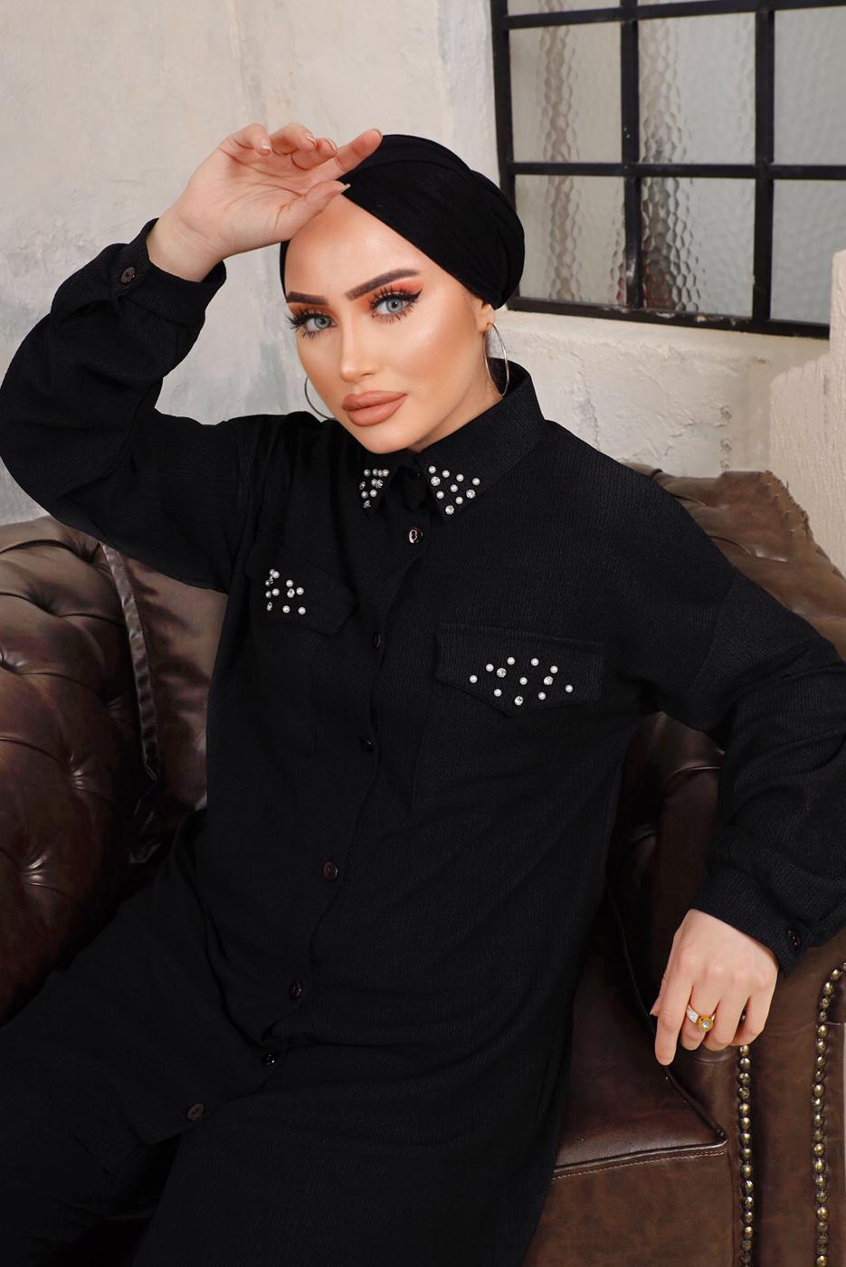 Tesettür giyim SİYAH TAŞ VE BONCUK İŞLEMELİ İKİLİ PANTOLONLU TAKIM T 6703