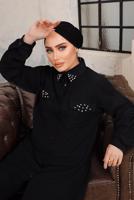Tesettür giyim SİYAH TAŞ VE BONCUK İŞLEMELİ İKİLİ PANTOLONLU TAKIM T 6703