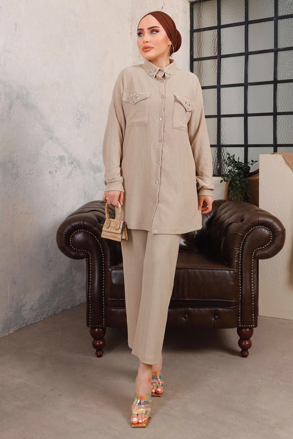 Tesettür giyim BEJ TAŞ VE BONCUK İŞLEMELİ İKİLİ PANTOLONLU TAKIM T 6703
