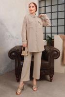 Tesettür giyim BEJ TAŞ VE BONCUK İŞLEMELİ İKİLİ PANTOLONLU TAKIM T 6703