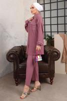 Tesettür giyim MOR TAŞ VE BONCUK İŞLEMELİ İKİLİ PANTOLONLU TAKIM T 6703