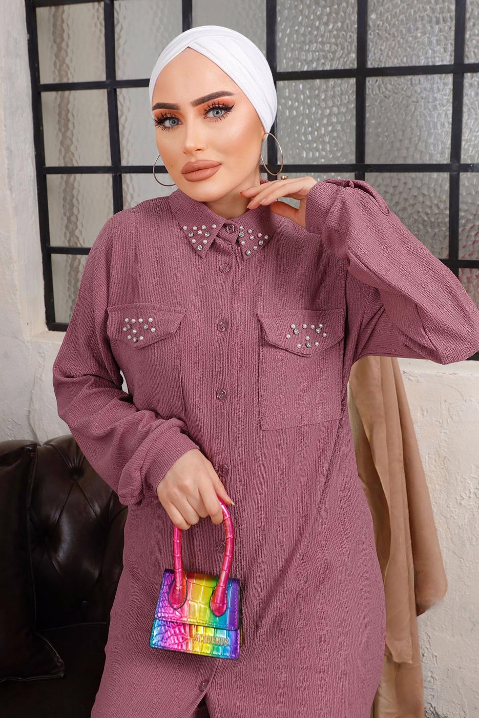 Tesettür giyim MOR TAŞ VE BONCUK İŞLEMELİ İKİLİ PANTOLONLU TAKIM T 6703