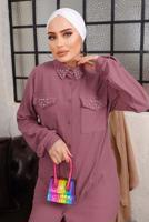 Tesettür giyim MOR TAŞ VE BONCUK İŞLEMELİ İKİLİ PANTOLONLU TAKIM T 6703