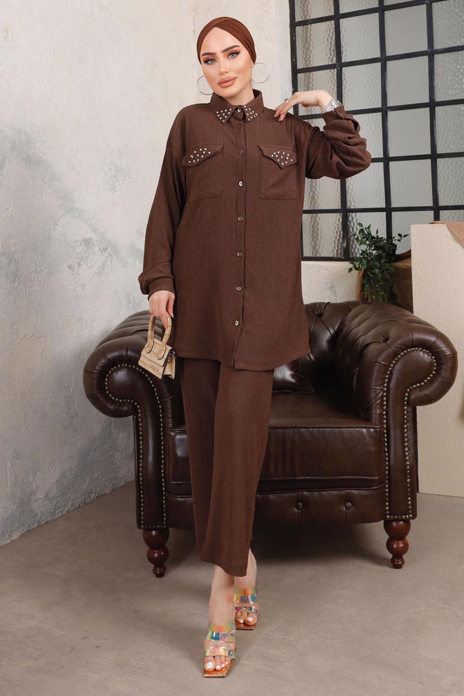 Tesettür giyim KAHVE TAŞ VE BONCUK İŞLEMELİ İKİLİ PANTOLONLU TAKIM T 6703