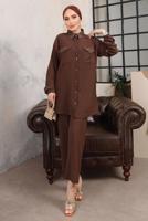 Tesettür giyim KAHVE TAŞ VE BONCUK İŞLEMELİ İKİLİ PANTOLONLU TAKIM T 6703