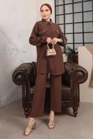Tesettür giyim KAHVE TAŞ VE BONCUK İŞLEMELİ İKİLİ PANTOLONLU TAKIM T 6703